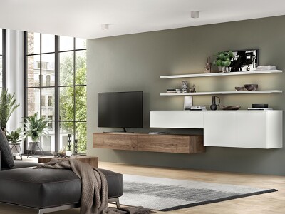 Der Gegensatz zwischen den Dekoren FASHION 168 in Alpinweiß und STRUCTURA 402 Eiche Havanna Nachbildung gibt einen schönen Kontrast. Durch die klare gradlinige Optik der Schrankelemente wird das Zusammenspiel der Materialkombination hervorgehoben und schafft eine wohnliche Atmosphäre.